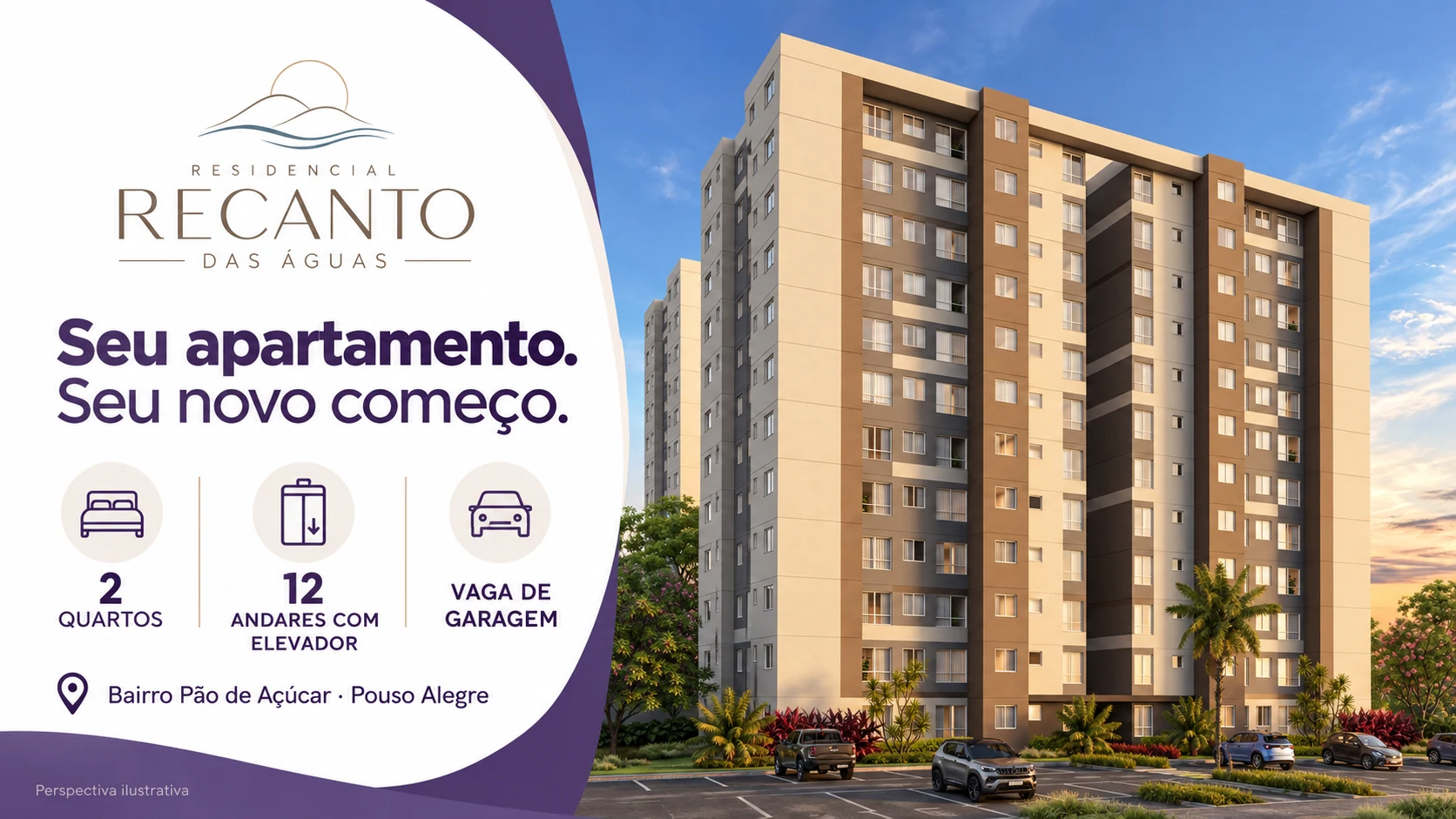 Recanto das Águas. Seu apartamento, seu novo começo. Dois quartos, 12 andares com elevador e vaga de garagem. Bairro Pão de Açúcar, Pouso Alegre. Perspectiva ilustrativa.